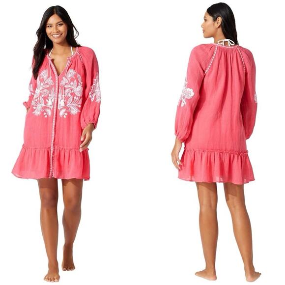Tommy Bahama Linen Gauze Tunic Dress Coral Coastal Embroidered Boho Sz Large - Picture 1 of 9